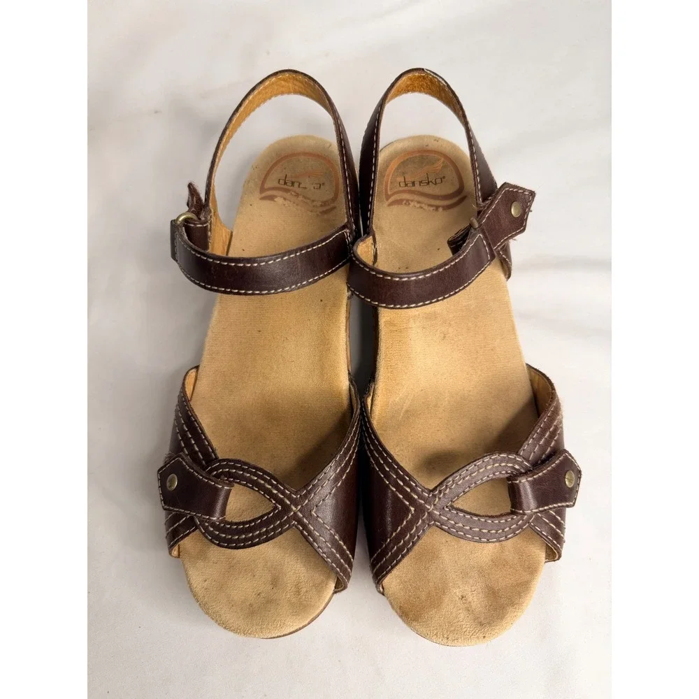 Dansko Womens Sara Brown Leather Wedge Sandals Clogs 37 Comfort Wooden Chunky